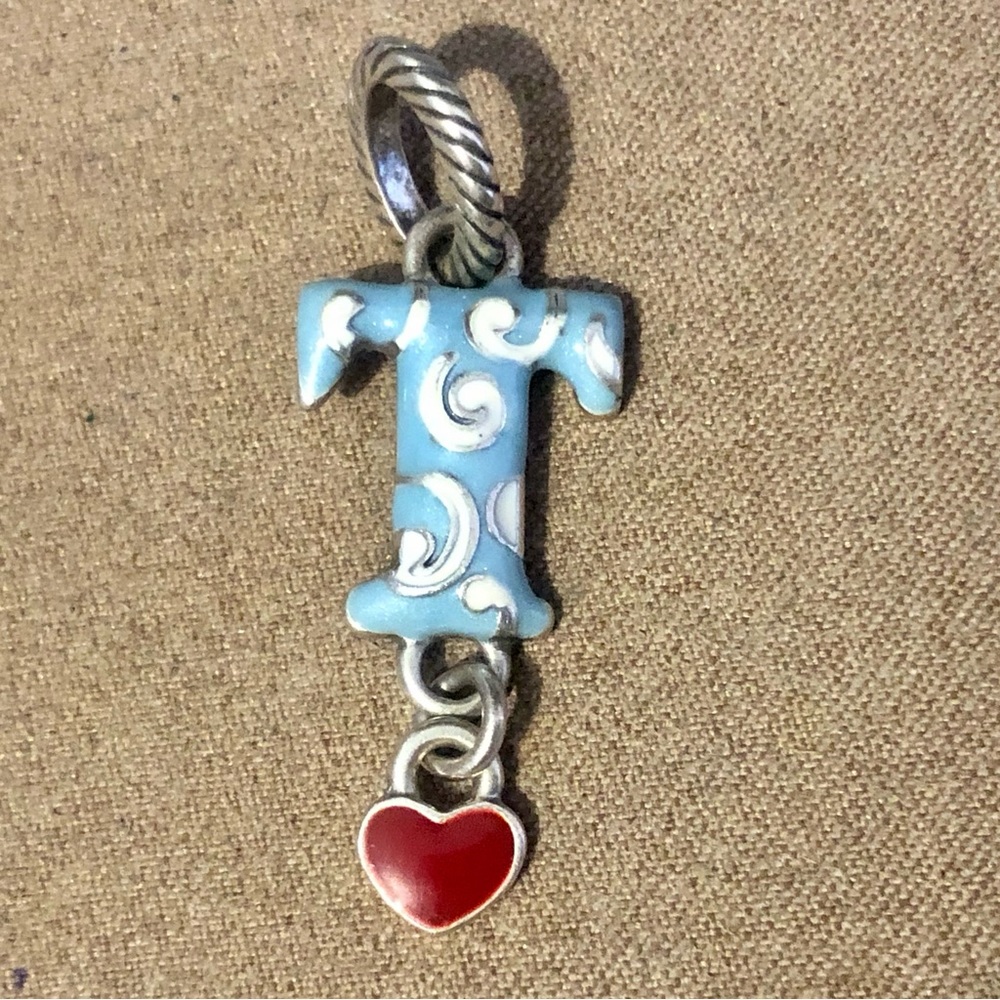 Brighton ABC Initial charm Letter T light blue & white enamel on silver Retired